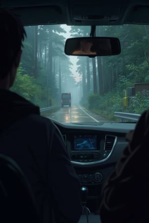 A cinematic scene from the dashboard of a car, as a woman drives through a forest road, heading towards her camping destination. The view shows the winding road ahead, framed by tall trees on either side, and the car’s interior is softly lit by the dashboard lights. In the rearview mirror, we can see the woman, her face focused and calm as she navigates the path. The car is filled with camping gear visible in the backseat, hinting at the adventure ahead. The atmosphere is peaceful yet full of anticipation, with the forest surrounding them growing denser as they move deeper into nature.