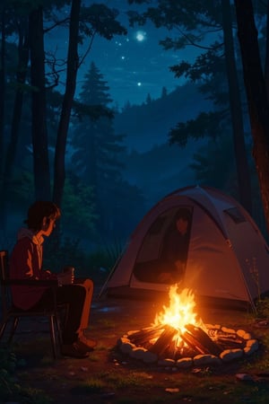 A cozy camping scene set in a tranquil forest under a starry sky. A woman, dressed in casual outdoor gear, sits by a crackling campfire, the warm glow illuminating her face as she enjoys the peaceful atmosphere. The campfire casts flickering shadows on the surrounding trees and the ground, while a small tent is set up nearby. The forest is quiet except for the gentle rustling of leaves in the night breeze. Above, the stars shine brightly, creating a serene, cinematic atmosphere. The scene is rich in warm oranges and earthy tones, capturing the essence of a relaxing night in the wilderness, surrounded by nature's calm.