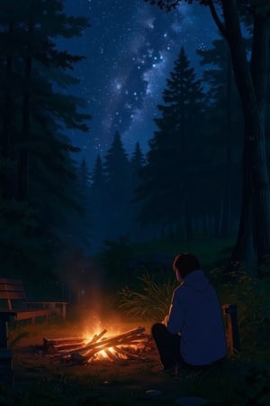 As night deepens, the woman sits by the campfire, wrapped in a cozy blanket, her gaze fixed on the flickering flames. The forest around her is alive with soft sounds — the chirping of crickets, the rustling of small animals in the underbrush, and the occasional hoot of an owl in the distance. She stirs the fire, adding a few more logs, and the warmth spreads through the air, contrasting with the cool evening breeze. The stars above shine brilliantly, creating a vast, peaceful canopy overhead. The woman takes a moment to simply appreciate the solitude, feeling connected to nature in this serene, cinematic moment. Her phone, now put aside, allows her to fully immerse in the present, free from distractions. The soft crackle of the fire and the whisper of the forest are her only companions as she relaxes, content and at peace in the wilderness.