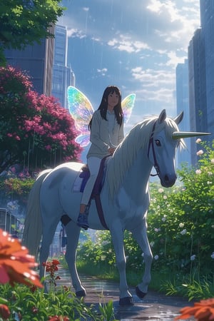 A vibrant, colorful scene where a woman, resembling an angel with glowing wings, rides a magnificent unicorn with a shimmering horn through a lively, enchanted forest during a gentle rain. The camera angle is positioned in front of them, capturing the joyful moment as the woman smiles brightly while taking a selfie. The unicorn's wet mane glistens with droplets, and the surrounding foliage sparkles with vibrant colors under the rain. The background is filled with lush greenery, bright flowers, and the soft patter of raindrops creates a magical atmosphere. Sunlight filters through the clouds, casting a soft glow over the scene, enhancing the enchanting beauty of this whimsical adventure in the rain.