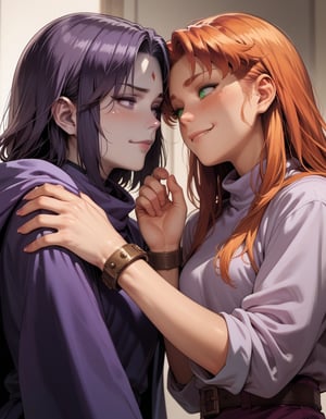 score_9, score_8_up, score_7_up, score_6_up, source_cartoon, source_anime,fdom_awall, yuri, 2girls, raven and starfire, about to kiss, nervous blush, confident smile, femdom, rating_questionable, wrist grab, , 