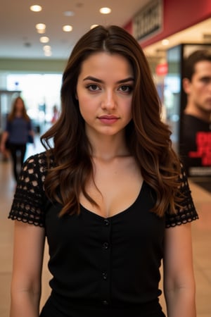  A young woman stands confidently luxury mall backdrop, her gaze directed straight at the camera, exuding an air of confidence and allure, She wears a black top with a lace pattern, her features softly highlighted by even lighting, Off-center placement draws the viewer's eye towards her, while a subtle hint of a man in the background adds depth to the scene, The movie poster suggests a possible movie theater setting, 