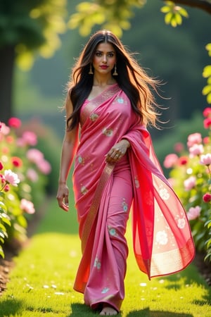 A stunning woman walks gracefully through a lush garden, wearing a vibrant, printed pink sari that flows elegantly with her movement. Her long hair is caught in the breeze, flying freely in the air as she pauses to adjust it, revealing a serene and confident expression. The garden is filled with blooming flowers and soft sunlight, creating a picturesque and tranquil setting. The scene is framed with a medium shot, capturing her beauty and the serene ambiance of the garden.