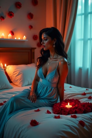 A high-quality, realistic photo captures a beautifully decorated room with red and white roses adorning the walls and bed. A stunning Indian woman in a sexy blue nightdress sits gracefully on the bed, which is also adorned with a heart-shaped arrangement of roses. The room is illuminated by soft, romantic candlelight, creating an intimate and enchanting atmosphere. The scene is framed in a dynamic cinematic style, highlighting the woman's allure and the cozy, romantic setting. The ultra-high detail (4K) brings out the richness of the colors and textures, making the moment feel both intimate and cinematic.