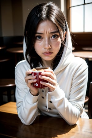 #CLOTHING
(white hoodie, black bike shorts, sneakers)

#LOCATION
(cafe:1.3)

#DEMEANOUR AND SITUATION
(sitting, sipping coffee, crying:1.4)

#SUBJECT
(150cm, exceptionally beautiful, 30 years old, young Japanese woman, very long hair braids)
(beauty spot)

#PHOTOGRAPHY ANGLE ETC.
(film grain, short depth of field, 35mm film, f/18)

#LIGHTING
(indoor lights, cinematic lighting, natural shadows:1.2)


#SKIN AND EYES
(realistic skin, freckles, skin texture, fine lines, sunburn, tanned skin, visible pores, acne)
(subsurface scattering, gloss highlights and transparency in the sclera:0.8)
(reflections in irises:0.5)
(realistic eyeball curvature:0.5)
(accentuated and deep eye orbits casting soft shadows:1.5)
(detailed upper and lower eyelids wrapping around the eyeball:1)
(soft shadows around eyelids, ambient occlusion near the outer corners of the eyes:0.5)
(eyelids cast shadows:1)
(brow ridge casts soft shadow on orbit:1)

#BASIC
(analog, realism, raw photo)
