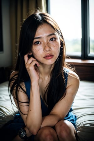 A close up photograph of a gorgeous Japanese woman's face. Her expression is curious, quizzical, but she is excited and aroused. Her skin is beautiful but shows subtle signs of her age; fine lines, freckles, crows feet. Her eyes are deep and expressive. She has photographed herself on 35mm film at f/1.9, and is slightly out of focus. It is a private, intimate photo meant for a lover. She sits on a bed in her dimly lit hotel room; a traveller, restful but reaching out for attention.