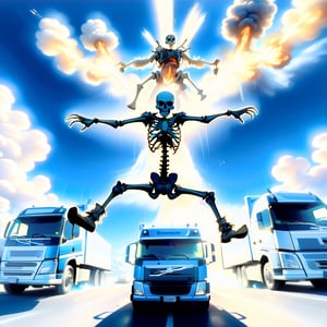 Skeleton, Bones, empty eyes, meme, spread legs, Screaming, dead inside, how did we get here?,outstretched legs, epic split,big truck, best quality,distant sierra,source_anime, absurdres, Blue Sky, holding 2 guns, Shooting, Shooting like crazy, Helicopter in the background, Explosions, Ducks on hoverboards