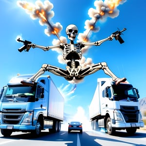 Skeleton, Bones, empty eyes, meme, spread legs, Screaming, dead inside, how did we get here?,outstretched legs, epic split,big truck, best quality,distant sierra,source_anime, absurdres, Blue Sky, holding 2 guns, Shooting, Shooting like crazy, Helicopter in the background, Explosions, Ducks on hoverboards, PINCHE ESQUELETO CHINGON VOLANDO Y TRASCENDIENDO A LA DIVINIDAD