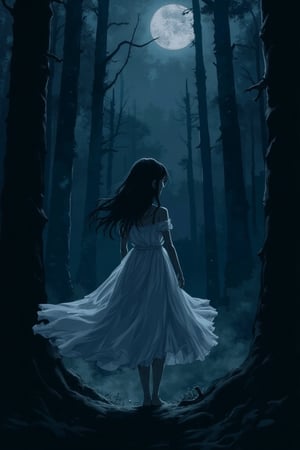 A J-horror anime scene featuring a young woman in a flowy, ghostly white dress, standing in a dark, eerie forest on Halloween night. The moonlight filters through the trees, casting long shadows and a pale glow on her dress. She stands with her back to the camera, head slightly tilted, hair flowing in the wind. The atmosphere is chilling, with fog swirling around her feet and the sound of distant, haunting whispers. The composition is centered on her, with the dark forest framing her figure, creating a sense of isolation and dread.