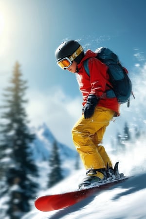 Young man skiing in heavy snow, wearing red shirt and yellow pants