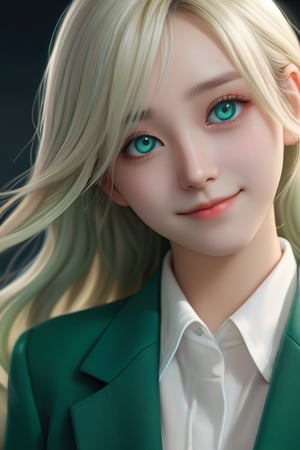 girl with long platinum blond hair in green blazer and white blouse, azure eyes, shy smile, in the style of hyper-realistic atmospheres, anime aesthetic, dotted, fenghua zhong, close up, light gold and dark emerald, 32k uhd 