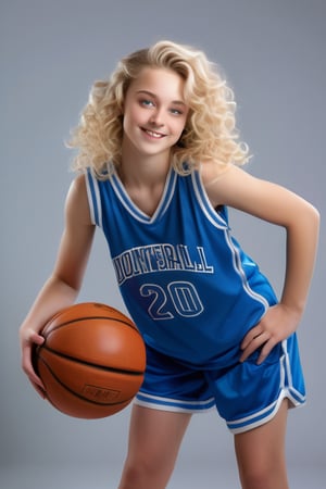 ((Generate hyper realistic full body portrait of  captivating scene featuring a stunning 20 years old girl,)) ((semi side view,)) with medium long blonde hair, flowing curls, little smile, donning a blue basketball  jersey, studio lighting,  piercing, blue eyes, photography style , Extremely Realistic,  ,photo r3al,action shot