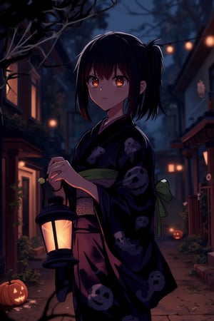 A young anime girl stands in a dimly lit street on Halloween night, surrounded by eerie decorations. She wears a traditional Japanese kimono with ghostly patterns, holding a lantern. The street is lined with paper lanterns, pumpkins, and cobwebs. The scene is framed with a low angle, capturing the girl's determined expression. The lighting is moody, with a mix of warm and cool tones, creating a haunting atmosphere. The composition emphasizes the girl's presence amidst the spooky decorations.