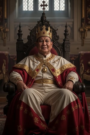 A regal figure: a man donning a simple yet majestic golden crown, resplendent in white and red attire reminiscent of royalty. He sits imperiously upon an iron throne from the realm of Game of Thrones, bathed in dim light within a grand castle hall's imposing architecture. Faded tapestries hang limp and cobwebs dance in the faint, dusty glow seeping through grimy windows. His smile exudes arrogance, as if basking in the warmth of triumph.,prabow0