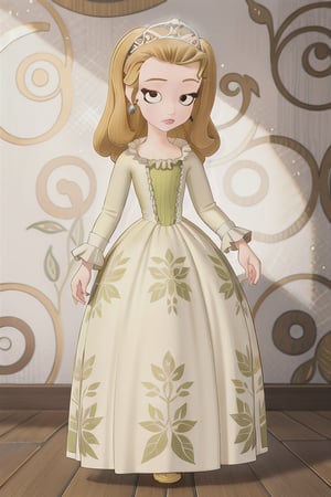 (masterpiece, high quality, realistic, detailed:1.3), 1girl, solo, standing, full body, flat chest, classroom background, princess amber, blonde hair, brown eyes, yellow dress, princess, tiara, shiny fabric, long sleeves