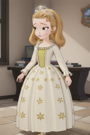 (masterpiece, high quality, realistic, detailed:1.3), 1girl, solo, standing, full body, flat chest, classroom background, princess amber, blonde hair, brown eyes, yellow dress, princess, tiara, shiny fabric, long sleeves,loli