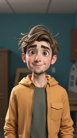 Jack, a late 20s guy with messy brown hair and a bit of stubble, confidently walking out of the grocery store. He's balancing several grocery bags in both arms, casually grinning, hazel eyes full of optimism.