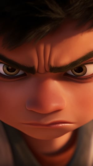 A close-up shot of a young boy's determined face, his brow furrowed in concentration as he clenches his jaw and purses his lips, his eyes narrowed into piercing slits, the tension evident in every crease of his forehead, against a blurred background to emphasize his intense focus.,PixarDisney.hanna