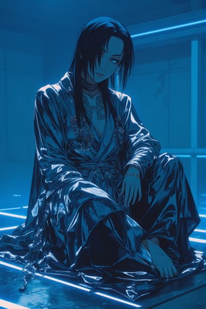 Seated with One Leg Extended: The figure sits gracefully on a metallic platform, one leg extended forward, with the other bent, the left arm resting lazily on the knee. The chrome robe drapes elegantly, shimmering under the neon light, its reflective surface catching the radiance from the glowing blue background. The chrome tassels partially reveal a sharp anime-style face, the eyes faintly glowing, hinting at a quiet resolve. The intricate chrome tattoo on the left arm is fully visible, standing out against the reflective metallic skin. The pose exudes a sense of calm confidence, blending traditional elements of attire with sleek, futuristic chrome designs.