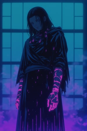 In a hyper-realistic, full-body digital art piece ((anime, ne0nfant4sy, niji_flux)), the figure stands tall, wearing a black non la with neon blue tassels cascading down, concealing the face. The garment is replaced by a glowing, iridescent robe with faint, purple vertical lines that shift colors as light hits it. The tattoo on the left arm morphs into bioluminescent circuitry, adding a futuristic element. The background now shifts to a soft, glowing cyan mist, creating an ethereal atmosphere, with faint neon grids visible behind. The figure is bathed in neon light, blending the mystical with sci-fi aesthetics.