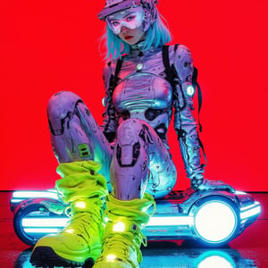 In anime, cyberpunk, ne0nfant4sy, a hyper-realistic digital artwork captures a full-body portrait of a female model in futuristic urban attire. She wears a sleek, silver bodysuit with a high collar and oversized neon green boots, part of the "Digital Dawn" collection by Iris van Herpen, blending high-tech couture with cyberpunk streetwear. Her headgear consists of a translucent visor with integrated AR interfaces, while silver ornaments adorn her arms, neck, and waist. With medium-length electric blue hair flowing to her shoulders, she sits atop a glowing, futuristic hoverboard, the intense red neon background reflecting off the polished surfaces. Shot with a Sony Alpha 7R IV, photographed by Nick Knight, drawing inspiration from Ghost in the Shell, with high saturation enhancing the bold neon colors, cool hues dominating the scene, and slight noise adding texture to the glossy, futuristic look.