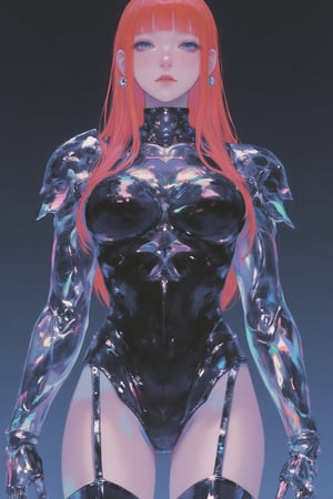 A super hyper-realistic full-body illustration of EPpkJessie with long, slicked-back red hair and piercing blue eyes. Her expression is serious and emotionless, complementing her sleek, platinum metal skin, which shines with vibrant chromecore reflections. She stands in dark, monochrome armor that features intricate, glowing patterns, adding depth to her form. The background is simple yet powerful, a mix of dark and blue tones that contrast with the bright, vibrant chromecore elements on her skin. Hints of gradient color ripple across her metallic body, blending colorful accents into the armor. The scene evokes dark fantasy vibes, with a balance between shadowy undertones and glowing highlights, giving her an otherworldly, futuristic aura.,glow_skin,iridescent skin,oily skin,portrait