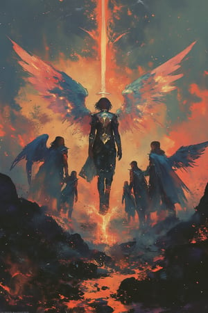 A hyper-realistic digital masterpiece depicting the epic confrontation between the Angels and the Army of God during the apocalypse, signaling the end of the world. The scene is illuminated by explosive light, casting dramatic shadows that enhance the intensity of the moment. Archangel Michael stands at the forefront, wielding a magnificent flaming sword that radiates power and righteousness, embodying the ultimate guardian against darkness. Surrounding him are a host of angels, their ethereal forms contrasting against the chaotic backdrop of swirling fire and crumbling landscapes. The sky is a tumultuous blend of fiery reds and deep blacks, suggesting an impending clash between good and evil. Every detail is rendered with high quality and precision, from the intricate designs on Michael's armor to the luminous flames of his sword, creating a visually stunning composition that captures the gravity and grandeur of this biblical moment. This artwork serves as a testament to divine strength and the unwavering battle for salvation, crafted to the highest standards of quality and detail.