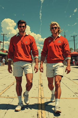 A photorealistic image of vintage photos from the mid-1970s, featuring muscular men in red and white tennis wear with crewneck sweaters. They should be walking on boardwalks or riding bicycles under bright summer skies. The attire is retro-futuristic, showcasing slim pants, high-waisted shorts, short sleeves, sports shoes, sunglasses, and their hair styled in classic male hairstyles like long and straight for one man, curly blonde bangs for another. in the style of classic 1970s photography. --v 5.2 --style raw --ar 61:128 


.,anime,niji,cyberpunk,mythp0rt,ne0nfant4sy