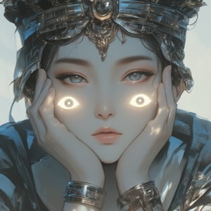 In **lyh_niji** style, an anime-inspired close-up portrait features a pale-skinned Roman prince adorned in elaborate Roman clothing, complete with ornate decorations and a regal crown. His face is partially obscured by his palms, which rest gently on his cheeks, creating an intimate and surreal moment. Each palm showcases an intricately designed glowing eye at its center, ensuring the eye is accurately rendered on the back side of his hands. The glowing eyes add a mystical element to the scene, drawing attention to his expressive features and enhancing the overall intrigue. The background is softly blurred to keep the focus on the prince, with a color palette that emphasizes elegance and dreamlike quality, merging the grandeur of Roman aesthetics with a touch of surrealism. 