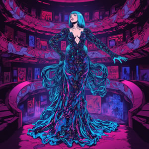 Cyberpunk anime ne0nfant4sy style, drawn using intricate surreal intrinsic dots and lines, surreal digital art piece of an opera singer in a glamorous dress, striking a dramatic pose as she sings. Her gown is adorned with shimmering neon colors, flowing gracefully around her. The background reveals a hyper-realistic opera house filled with vibrant, swirling lights, highlighting the singer's ethereal presence.