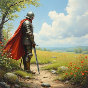 An evocative oil-on-canvas style classic painting capturing a lone warrior standing in a tranquil glade, surrounded by blooming wildflowers. The warrior’s armor, adorned with intricate details, glints in the bright sunlight as he gazes down at the vibrant colors of the flowers below. His sword, standing upright in the soft earth, signifies both the end of conflict and the beauty of life persisting after war. The color palette is rich with soft pastels and lively greens, evoking a sense of renewal and hope.,style of Helen Allingham