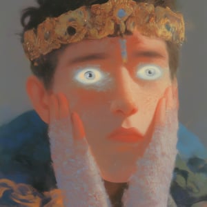 In **lyh_niji** style, an anime-inspired close-up portrait features a pale-skinned Roman prince adorned in elaborate Roman clothing, complete with ornate decorations and a regal crown. His face is partially obscured by his palms, which rest gently on his cheeks, creating an intimate and surreal moment. Each palm showcases an intricately designed glowing eye at its center, ensuring the eye is accurately rendered on the back side of his hands. The glowing eyes add a mystical element to the scene, drawing attention to his expressive features and enhancing the overall intrigue. The background is softly blurred to keep the focus on the prince, with a color palette that emphasizes elegance and dreamlike quality, merging the grandeur of Roman aesthetics with a touch of surrealism. ,soft focus,blurry foreground,dreamy_fantasy