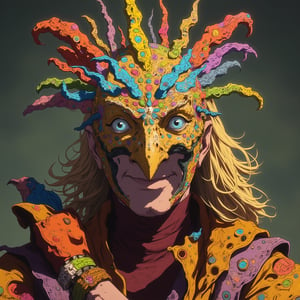 Eye-catching, drab, hyper-realistic, high-quality, detailed image, charming male bard, whimsical bird mask made of colorful multicolored dots (red, blue, yellow, green, purple, orange), complete face, wavy golden hair, playful blue eyes, intricate floral patterns on the mask, mischievous smile, dressed in a flamboyant outfit with bright colors and textures, Canon EOS R5, close-up shot, surreal style, inspired by Salvador Dalí and Annie Leibovitz, soft diffused lighting, bright festive theme, high contrast, moderate saturation, warm hue, subtle shadows, defined highlights, musical elements, charm bracelet, cyberpunk anime ne0nfant4sy.