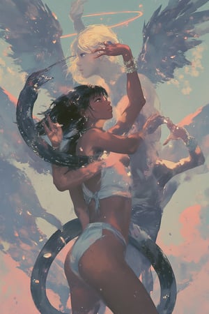 A hyper-realistic digital painting showcasing angels that resemble weightlifters, engaged in an elegant dance with serpents entwined around their muscular forms. Each angel features striking amber eyes that gleam with a sense of strength and determination, while their long hair flows gracefully, accentuating their dynamic movement. The intricate details of their sculpted physiques are highlighted through smooth, sharp focus, capturing the elegance of their poses as they move harmoniously with the snakes. The background features a dreamlike atmosphere, infused with fantasy elements that enhance the ethereal quality of the scene. The artwork draws inspiration from the styles of Artgerm, Greg Rutkowski, and Alphonse Mucha, combining modern concept art with classic elegance, making it a visually stunning piece fit for ArtStation. Every element, from the delicate scales of the snakes to the ornate patterns in the angels' attire, is rendered with high detail, creating a captivating and immersive illustration.