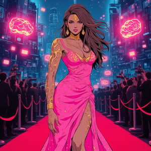 Cyberpunk anime ne0nfant4sy style, drawn using intricate surreal intrinsic dots and lines, surreal digital art representation of a red carpet model, confidently posing in a stunning gown that sparkles in neon pink and gold. Her hair flows elegantly, and she wears exquisite jewelry that reflects light. The background features a hyper-realistic red carpet event, complete with flashing cameras and a dazzling crowd, capturing the glamour of the moment.






