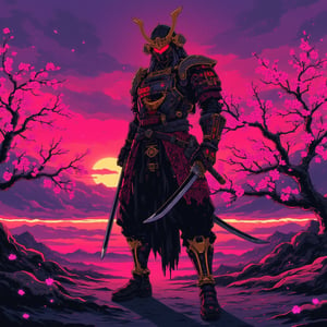 Cyberpunk anime ne0nfant4sy style, surreal digital art representation of a samurai, elegantly posed with a katana in hand, wearing a flowing armor adorned with intricate patterns in neon red and gold. His face is partially obscured by a traditional helmet that shimmers with reflective surfaces. The background showcases a hyper-realistic Japanese landscape at dusk, with cherry blossoms glowing in various neon shades, all illustrated using surreal intrinsic dots and lines, enhancing the samurai's stoic presence.