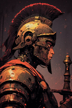 score_9, score_8_up, score_7_up, score_6_up,sinozick style, flat color, dark theme, 1g0r, Roman soldier, profile, soft directional light, intricate armor, crested helmet, dark red feathers, polished metallic surface, rivets, stoic expression, visor, hilt, gladius sword, blade angled downward, segmented plates, faint glow, subtle gradients, bronze, steel, dark moody background, shadowy backdrop, solemn atmosphere, deep shadows, sharp silhouette, sheen of armor, sharp edge, quiet strength, readiness, mystery, tension, verge of battle.,anime,cyberpunk