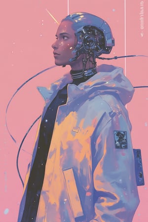 Cyberpunk Style,  1boy,  cable,  cyberpunk,  jacket,  male focus,  pink background,  robot,  science fiction,  solo,  upper body,  wire, 