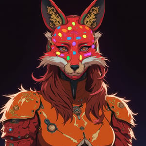 Eye-catching, drab, hyper-realistic, high-quality, detailed image, striking female figure, vibrant red fox mask made of colorful multicolored glowing neon dots (red, blue, yellow, green, purple, orange), complete face, flowing auburn hair, intense hazel eyes, golden ornate patterns around the mask, sharp features on display, fitted orange armor with iridescent fur, Canon EOS R5, close-up shot, surreal style, inspired by Salvador Dalí and Annie Leibovitz, soft diffused lighting, bright dark theme, high contrast, moderate saturation, warm hue, subtle shadows, defined highlights, metallic elements, fox tail pendant, cyberpunk anime ne0nfant4sy.