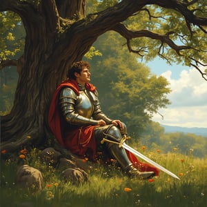 A powerful Pixomeda style painting depicting a battle-hardened warrior resting against an ancient oak tree in a serene meadow. The afternoon sun filters through the leaves, creating a dappled light effect on his polished armor. He looks contemplatively at the sky, lost in thought, while his sword lies across his lap, a symbol of the battles fought and those yet to come. The scene is filled with vibrant greens and earthy browns, enhancing the sense of peace amid the warrior's struggles, presented in bold colors and dynamic textures.