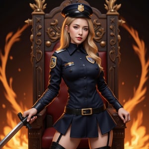 Picture of a woman wearing a police uniform, short skirt, holding a sword, next to a burning throne