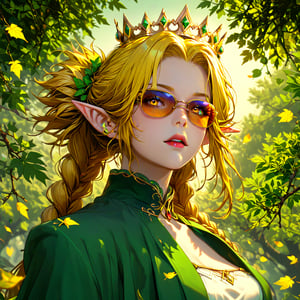 an elf girl, dressed in a green elf robe, golden-hued hair,braided into a pigtail, on her head a crown of roots and leaves decorated with branches and leaves,behind her back a quiver with arriws and large wings that are bent in the form of an arc that narrows towards the girl, in the background her village, houses are located on large trees and connected by bridges, shades of more natural and yellow, yellow denotes the sun breaking through the trees and slightly illuminating the area,more detail XL,score_9,c0l0urgl0w,score_8_up,score_7_up,score_6_up