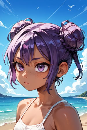 Improve the detail, texture, quality, and color of your photos and illustrations while minimizing the effect on the composition,

1 girl, purple hair, double bun hairstyle, brown skin, Cartoon Style, 

Detailed Anime-Cartoon Style,

score_9,score_8_up,score_7_up,score_6_up,score_5_up,score_4_up,