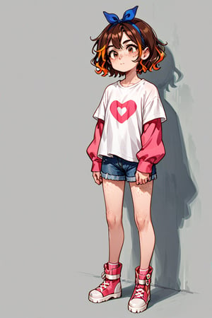 Cartoon style, action line, white t-shirt with pink sleeves, hair ribbon, blue ribbon, full body,

 1 girl, young girl, little girl, Sofía, brown hair with orange highlights, brown eyes, freckles, light skin, Short hair, face of disappointment,

texture quality, and color of your photos and illustrations while minimizing the effect on the composition.

score_9, score_8_up, score_7_up, score_6_up, score_5_up, score_4_up anime source.