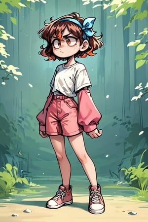 Cartoon style, action line, white t-shirt with pink sleeves, hair ribbon, blue ribbon, full body,

1 girl, young girl, little girl, Sofía, brown hair with orange highlights, brown eyes, freckles, light skin, Short hair, face of disappointment

score_9,score_8_up,score_7_up,score_6_up,score_5_up,score_4_up,

Cartoon-Anime Style