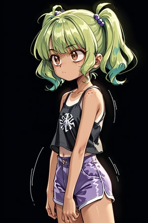 action lines, slightly annoying, face of disappointment, black background, short purple shorts, short black top,

1 girl, young girl, sunburned skin, brown skin, brown eyes, freckles, Latina, tanning line, bright lime green hair,

Create a detailed character with greenish blonde hair styled into two high, voluminous pigtails, each one flaring outward with a lot of fluff and shape. The pigtails should be wide, exaggerated, and playful, resembling the style seen in animated characters,

texture, quality, and color of your photos and illustrations while minimizing the effect on the composition.

Retro Anime, Vintage Style, Detailed Cartoon Style, Slightly Realistic Style