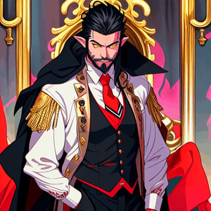 Male vampire, tan skin, long black hair, yellow eyes, pointy ears, full black beard which is neatly trimmed, wearing a red vest with gold buttons and trim, a white button down shirt underneath the vest, black suit pants, black cloak with gold trim, has a white ruffled jabot tie around his neck, HD, Smooth Animation, Anime style artwork