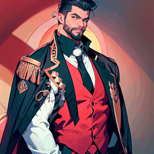 Male vampire, tan skin, shoulder length black hair, yellow eyes, pointy ears, full black beard which is neatly trimmed, wearing a red vest with gold buttons and trim, a white button down shirt underneath the vest, black suit pants, black cloak with gold trim, has a white ruffled jabot tie around his neck, HD, Smooth Animation, Anime style artwork