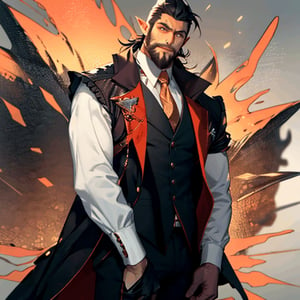 Male vampire, tan skin, shoulder length black hair, yellow eyes, pointy ears, full black beard which is neatly trimmed, wearing a red vest with gold buttons and trim, a white button down shirt underneath the vest, black suit pants, black cloak with gold trim, has a white ruffled jabot tie around his neck, HD, Smooth Animation, Anime style artwork