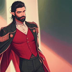 Male vampire, tan skin, long black hair, yellow eyes, pointy ears, full black beard which is neatly trimmed and kept, wearing a red vest with gold buttons and trim, a white button down shirt underneath the vest, black suit pants, black cloak with gold trim, has a white ruffled jabot tie around his neck, HD, Smooth Animation, Anime style artwork, cape blowing in the breeze